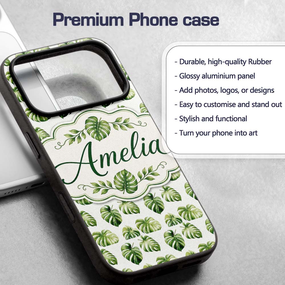 Minimal Watercolor Monstera Leaves Printed Design Custom Name Protective Phone Case Mobile Cover Durable Everyday Smartphone Shock Resistant