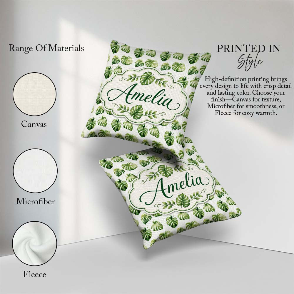 Custom Name Minimal Watercolor Monstera Leaves on White Seamless Square Filled Cushion Throw Pillow Sofa Bed Home Decor Zip Washable UK Made