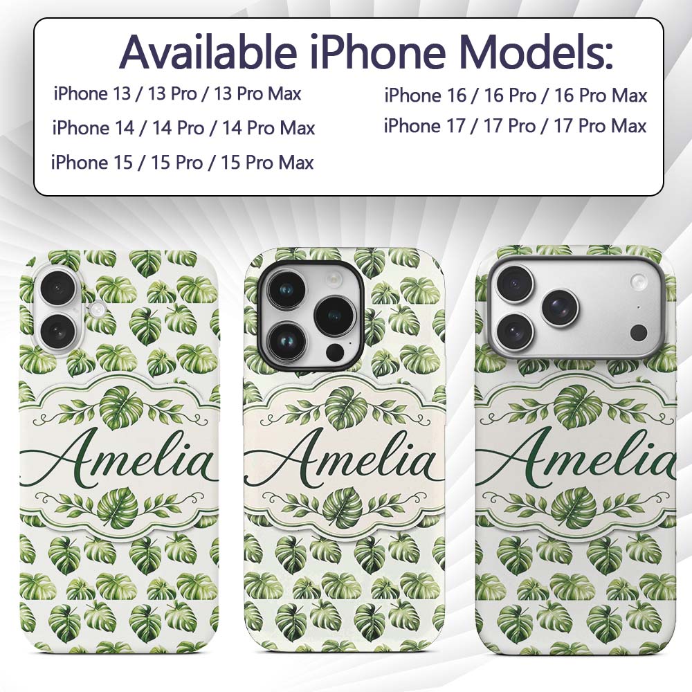 Minimal Watercolor Monstera Leaves Printed Design Custom Name Protective Phone Case Mobile Cover Durable Everyday Smartphone Shock Resistant