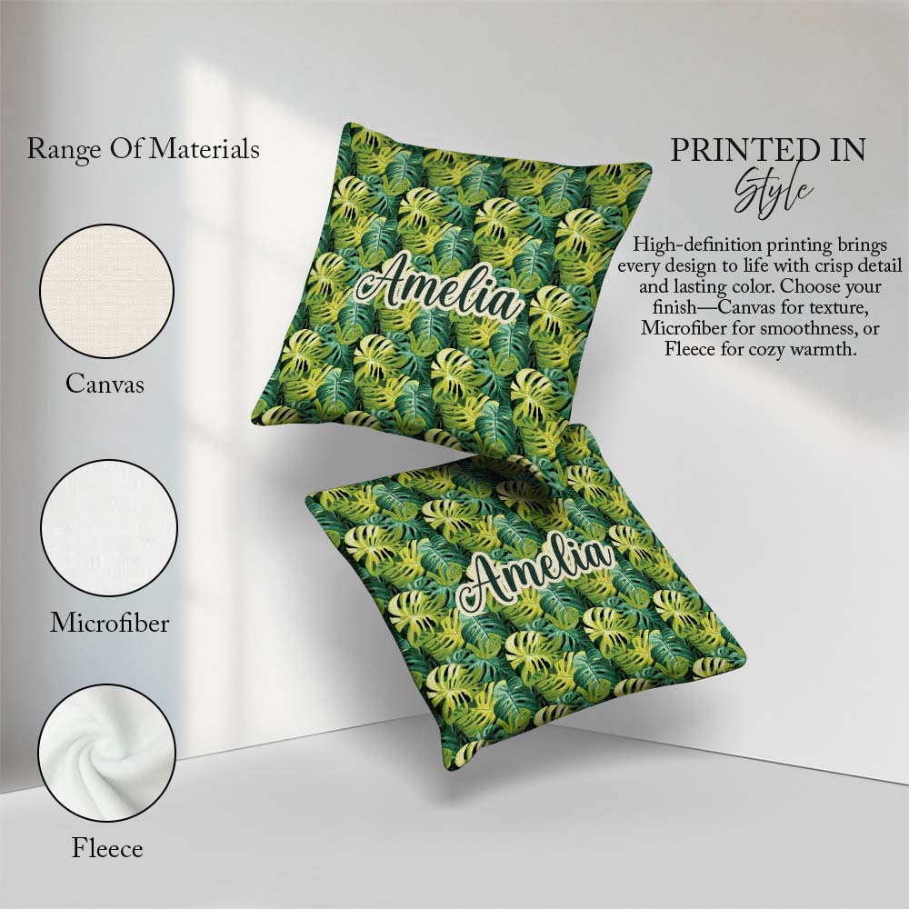 Custom Name Bright Tropical Monstera Leaves Dense Jungle Pattern Square Filled Cushion Throw Pillow Sofa Bed Home Decor Zip Washable UK Made