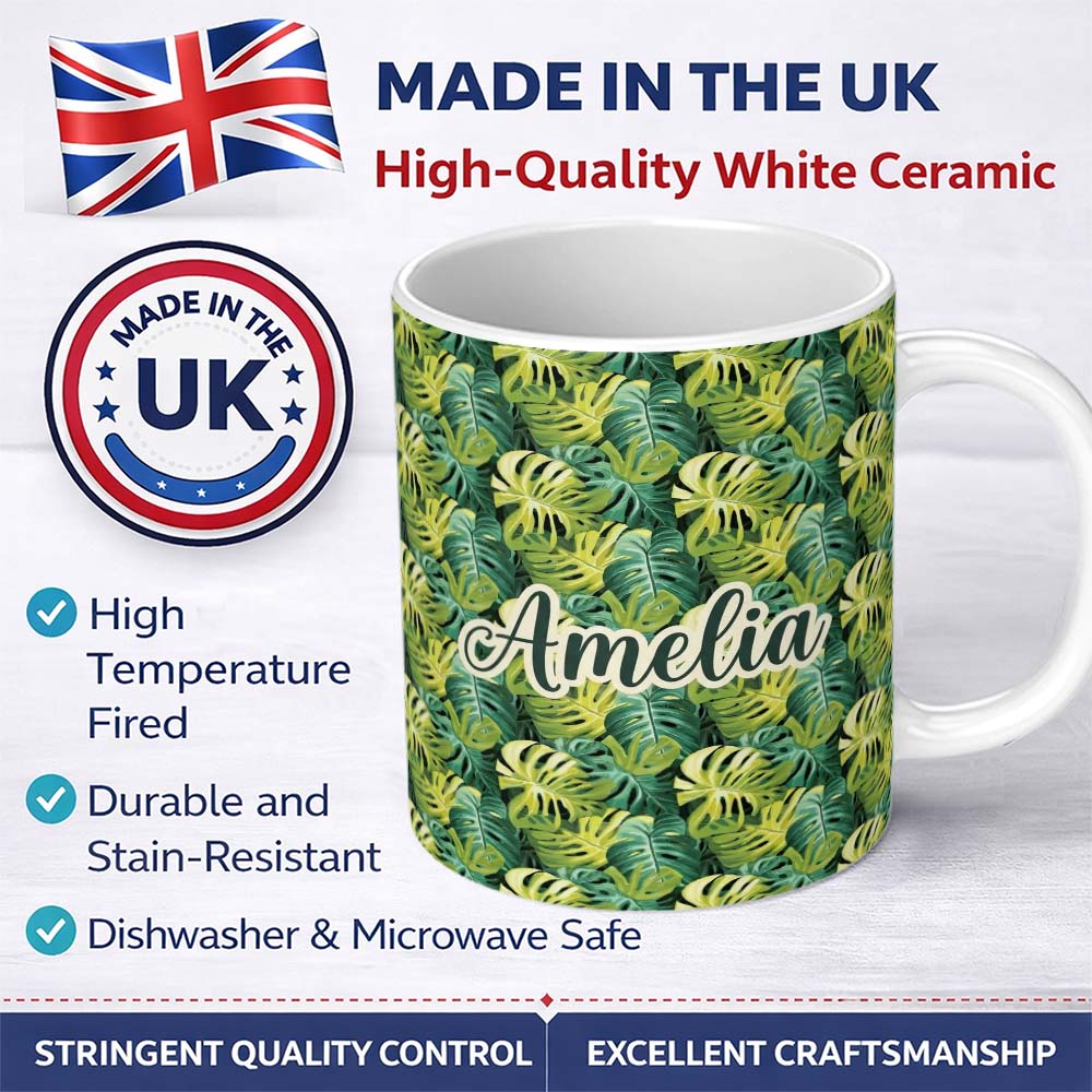 Personalized Custom Name Bright Tropical Monstera Leaves Dense Jungle Seamless Pattern Name 11oz Ceramic Coffee Tea Mug White Large Handle