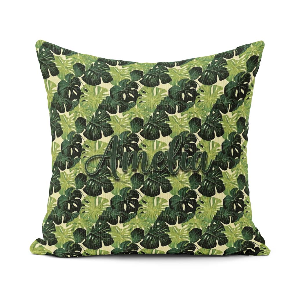 Custom Name Layered Green Monstera Leaves on Soft Cream Seamless Square Filled Cushion Throw Pillow Sofa Bed Home Decor Zip Washable UK Made