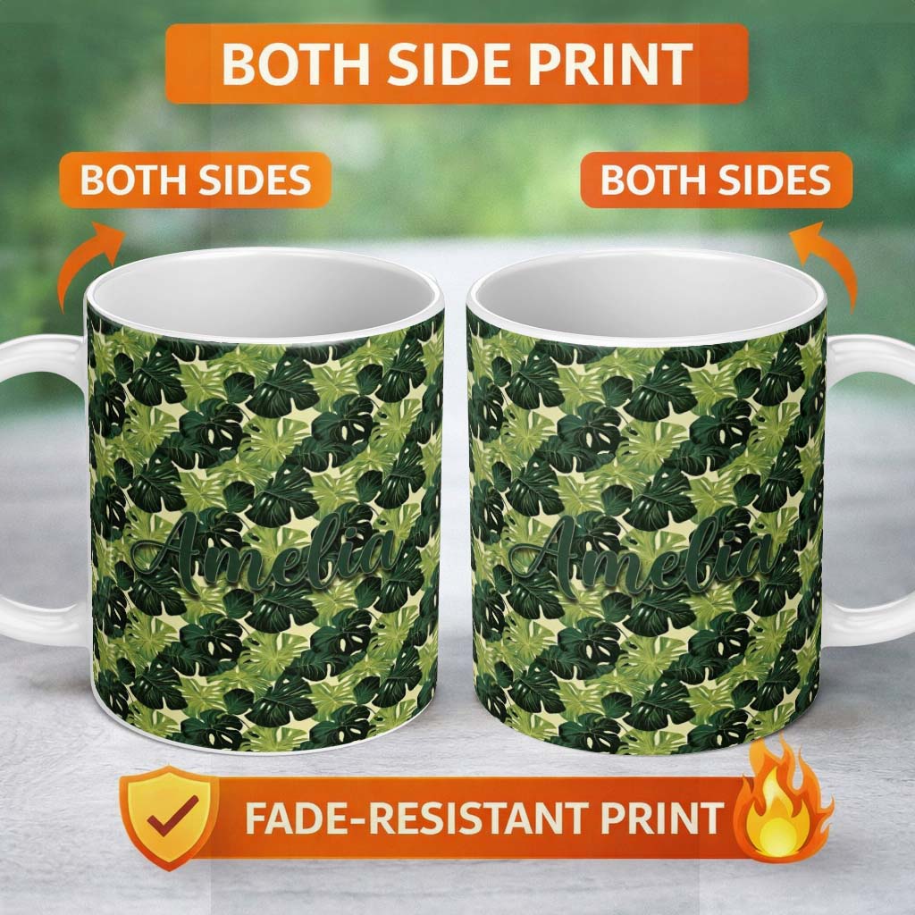 Personalized Custom Name Layered Green Monstera Leaves on Soft Cream Background Seamless 11oz Ceramic Coffee Tea Mug White Large Handle