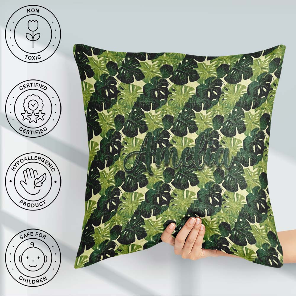 Custom Name Layered Green Monstera Leaves on Soft Cream Seamless Square Filled Cushion Throw Pillow Sofa Bed Home Decor Zip Washable UK Made