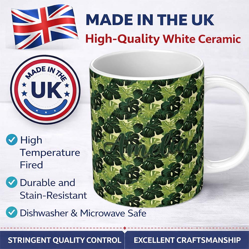 Personalized Custom Name Layered Green Monstera Leaves on Soft Cream Background Seamless 11oz Ceramic Coffee Tea Mug White Large Handle