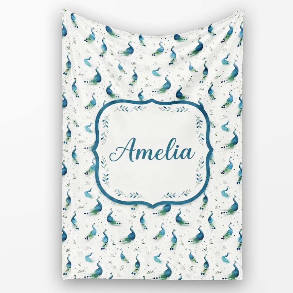 Watercolor Peacock Birds with Soft Floral Background Seamless Personalised Custom Name Super Soft Fleece Blanket Bed Sofa Throw