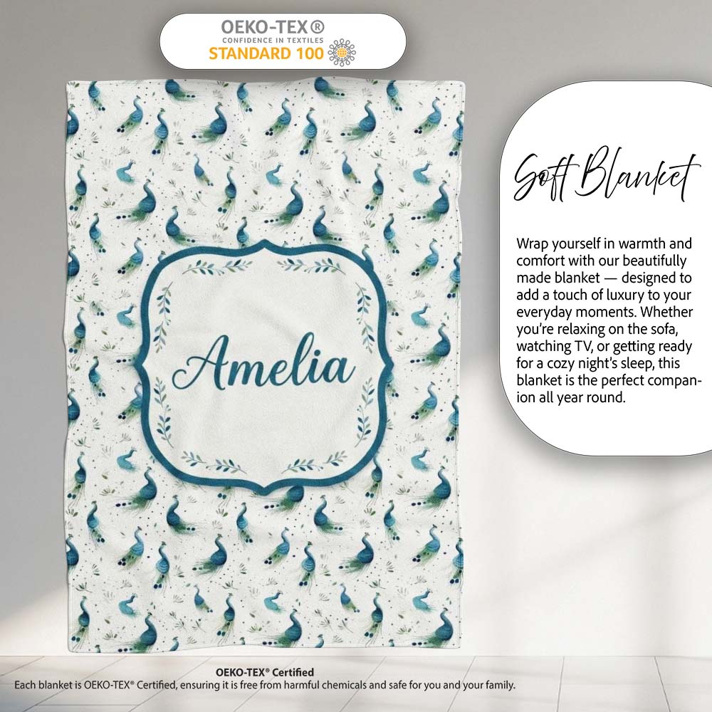 Watercolor Peacock Birds with Soft Floral Background Seamless Personalised Custom Name Super Soft Fleece Blanket Bed Sofa Throw