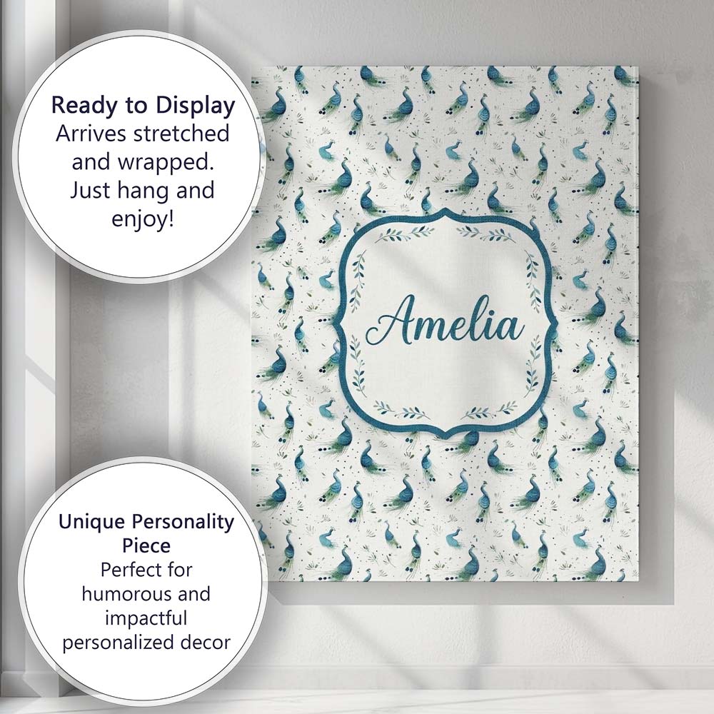 Personalised Name Watercolor Peacock Birds Custom Unique Gift Idea Elegant Feature Canvas Wall Art Print Decor Picture Ready to Hang