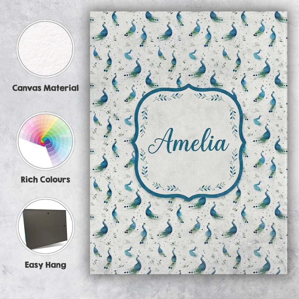 Personalised Name Watercolor Peacock Birds Custom Unique Gift Idea Elegant Feature Canvas Wall Art Print Decor Picture Ready to Hang