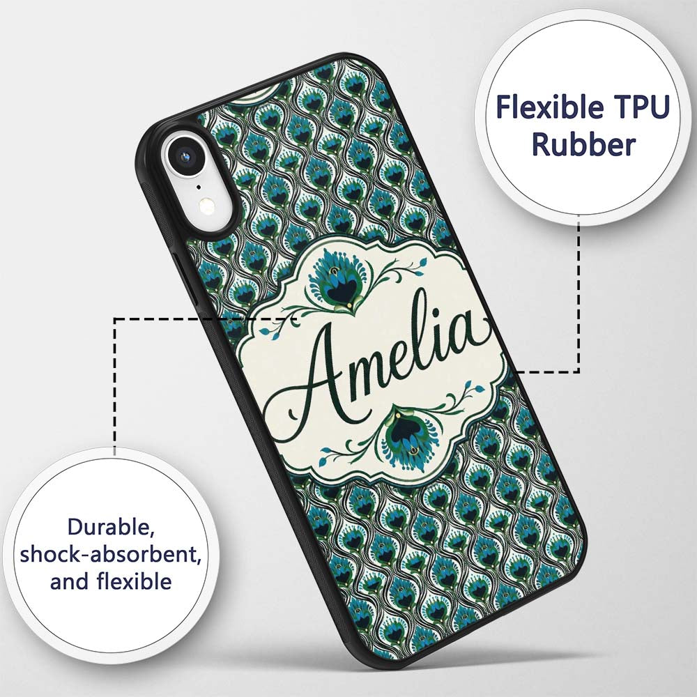 Elegant Peacock Feather Fan Art Printed Design Custom Name Protective Phone Case Mobile Cover Durable Everyday Smartphone Shock Resistant