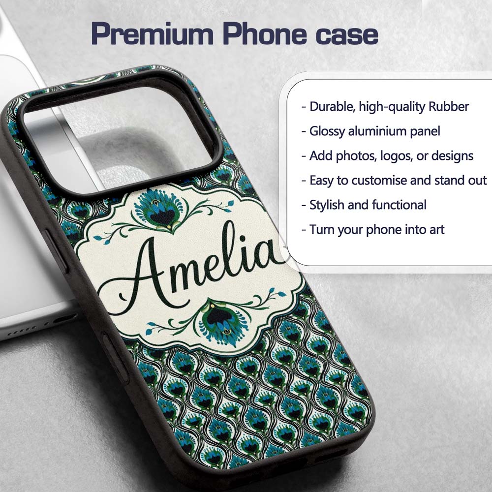 Elegant Peacock Feather Fan Art Printed Design Custom Name Protective Phone Case Mobile Cover Durable Everyday Smartphone Shock Resistant