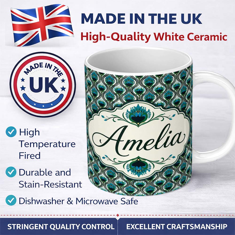 Personalized Custom Name Elegant Peacock Feather Fan Art Deco Style Seamless Pattern Name 11oz Ceramic Coffee Tea Mug White Large Handle