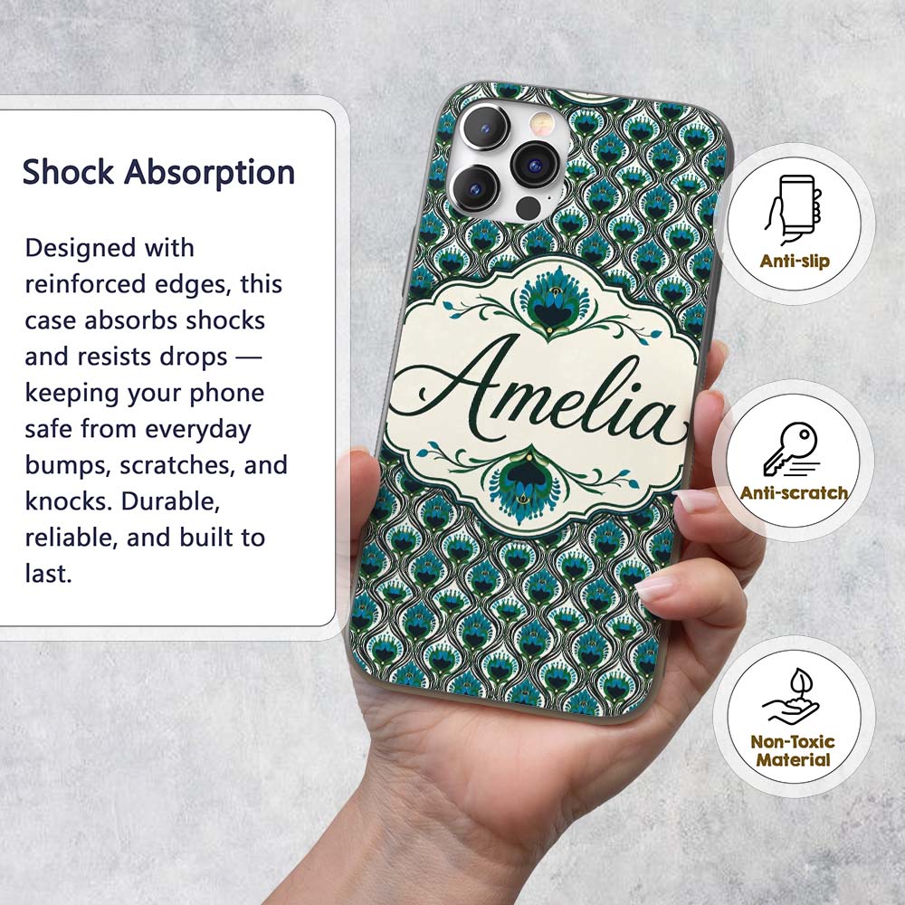 Elegant Peacock Feather Fan Art Printed Design Custom Name Protective Phone Case Mobile Cover Durable Everyday Smartphone Shock Resistant