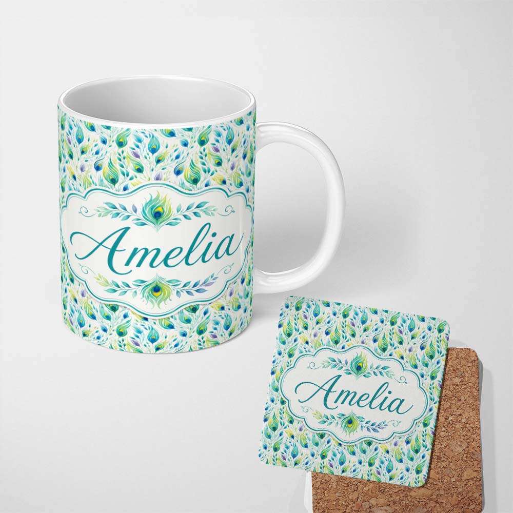 Personalized Custom Name Colorful Peacock Feathers with Soft Botanical Elements Seamless 11oz Ceramic Coffee Tea Mug White Large Handle