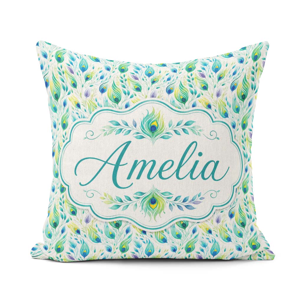 Custom Name Colorful Feathers with Botanical Elements Seamless Square Filled Cushion Throw Pillow Sofa Bed Home Decor Zip Washable UK Made