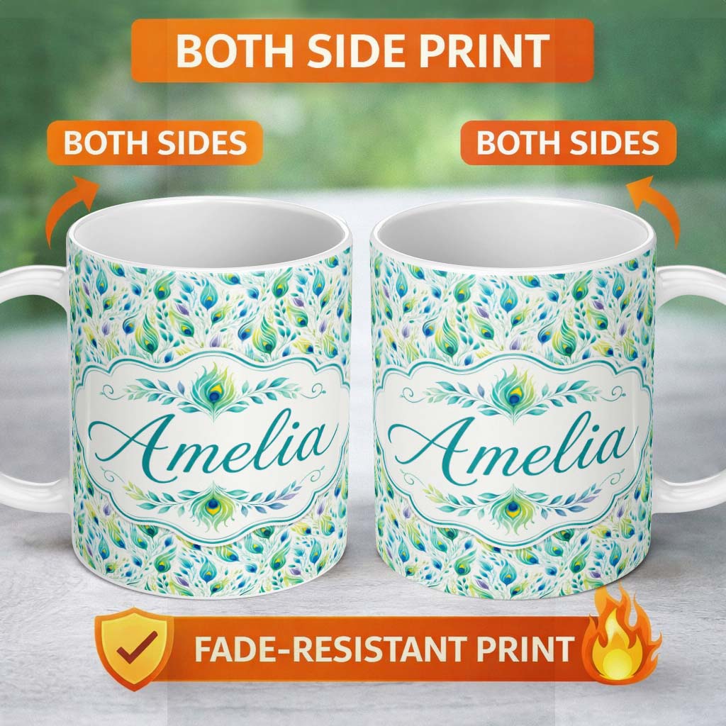 Personalized Custom Name Colorful Peacock Feathers with Soft Botanical Elements Seamless 11oz Ceramic Coffee Tea Mug White Large Handle