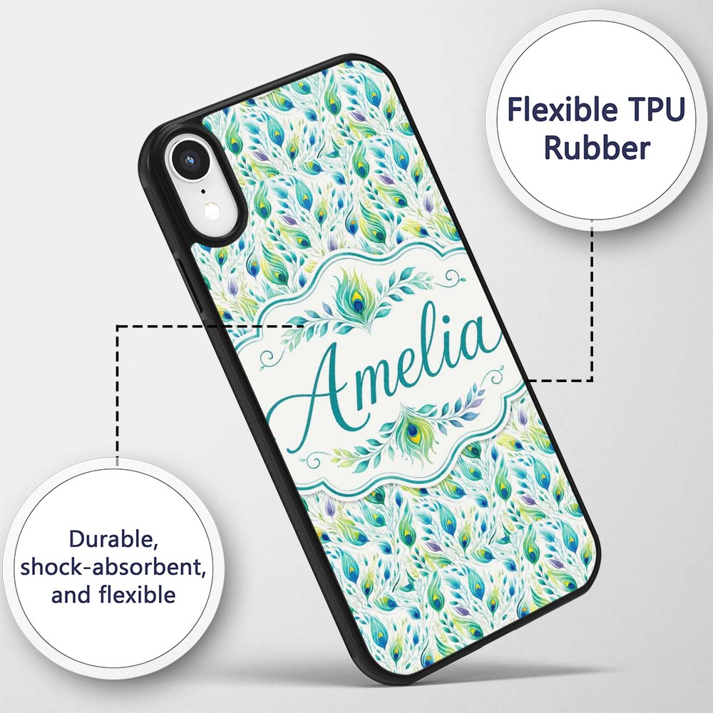 Colorful Peacock Feathers with Soft Botanical Custom Name Protective Phone Case Mobile Cover Durable Everyday Smartphone Shock Resistant
