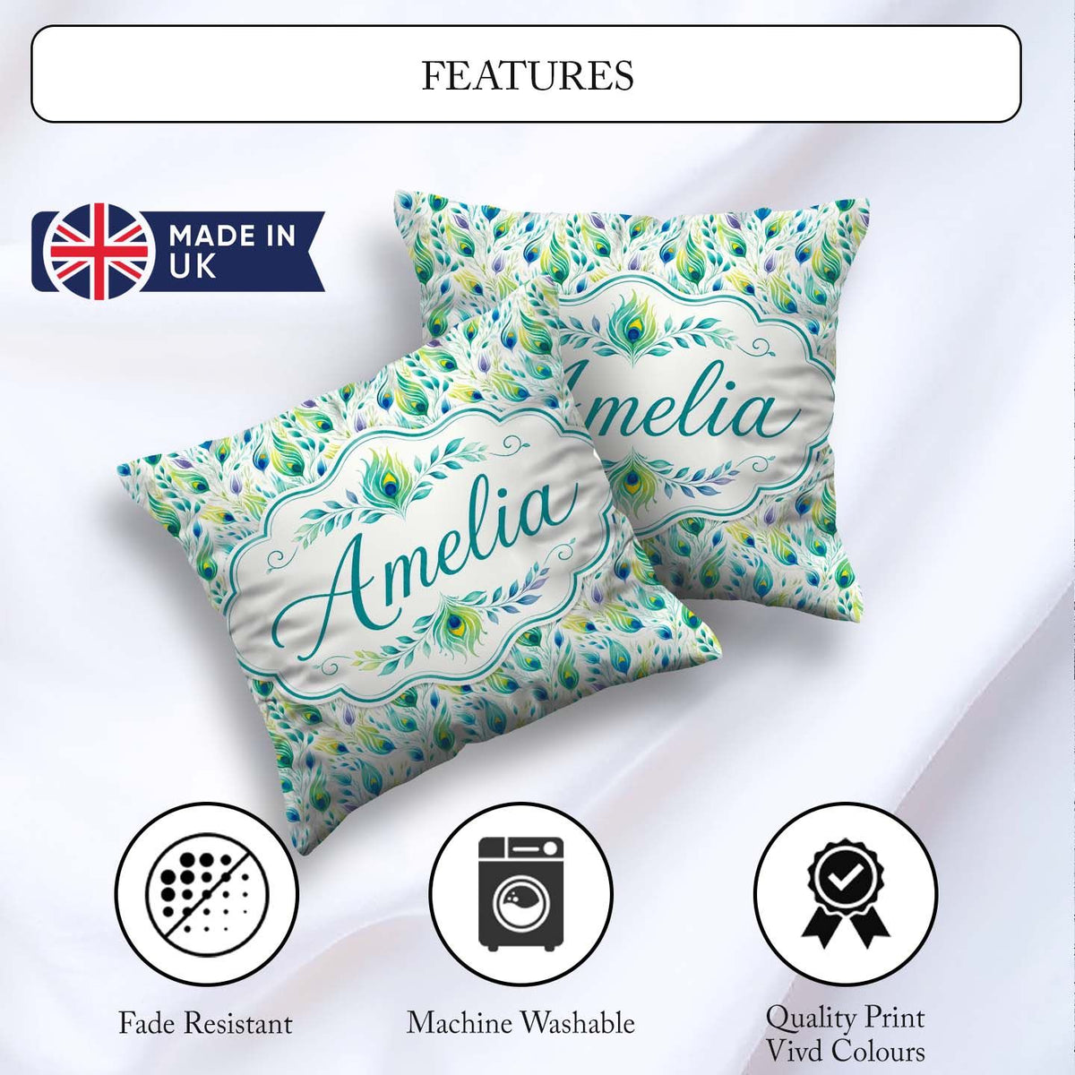 Custom Name Colorful Feathers with Botanical Elements Seamless Square Filled Cushion Throw Pillow Sofa Bed Home Decor Zip Washable UK Made