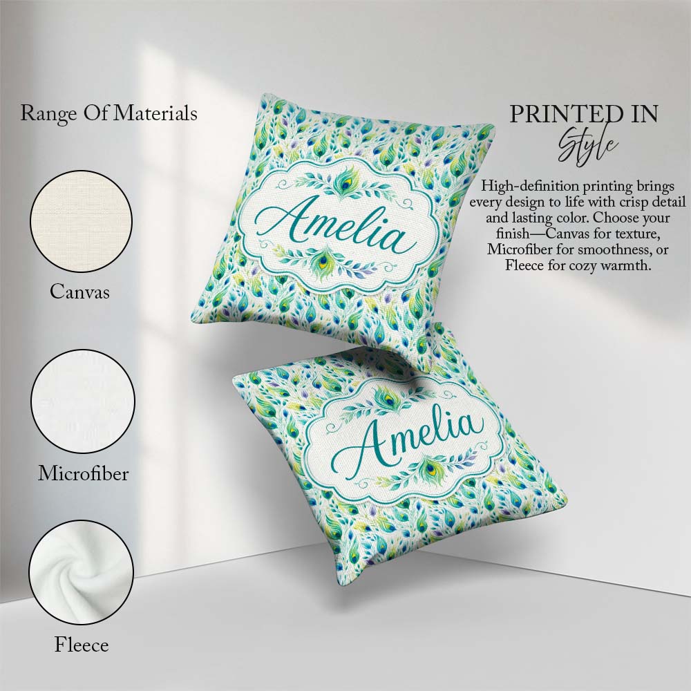 Custom Name Colorful Feathers with Botanical Elements Seamless Square Filled Cushion Throw Pillow Sofa Bed Home Decor Zip Washable UK Made