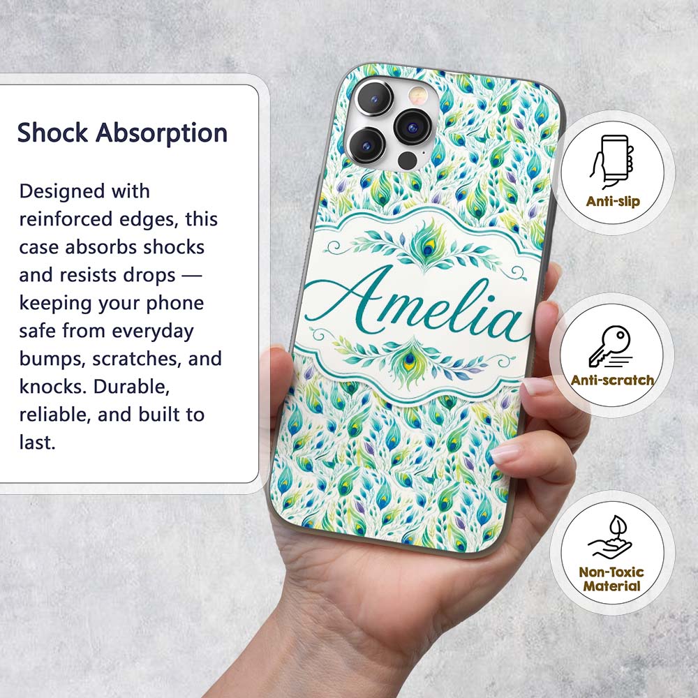 Colorful Peacock Feathers with Soft Botanical Custom Name Protective Phone Case Mobile Cover Durable Everyday Smartphone Shock Resistant