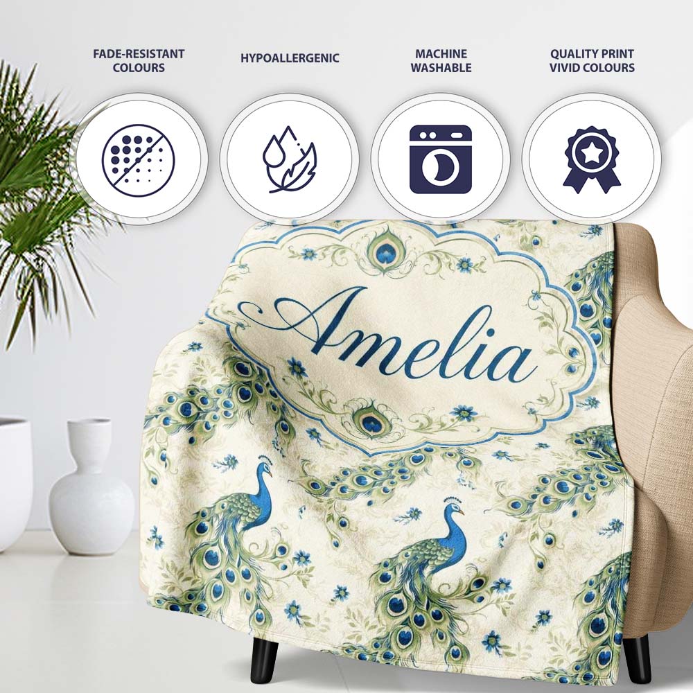 Vintage Peacock Birds with Floral Garden Background Seamless Personalised Custom Name Super Soft Fleece Blanket Bed Sofa Throw