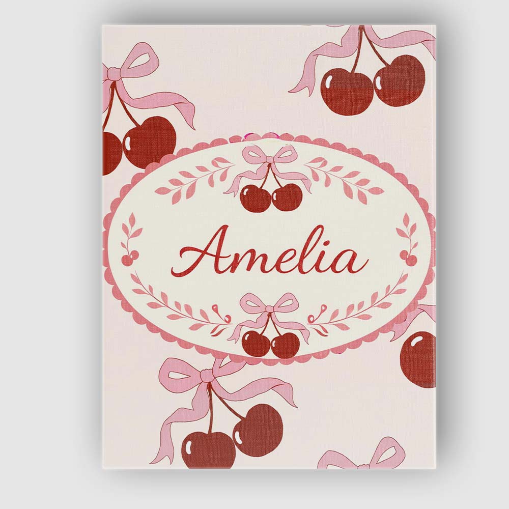 Personalised Name Cherry Bow Ribbon Cute Cream Neutral Background Custom Bespoke Canvas Wall Art Print Decor Picture Ready to Hang