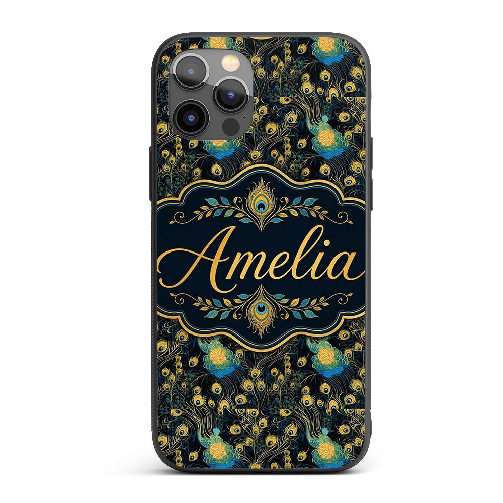 Luxury Dark Peacock Feathers with Gold Details Custom Name Protective Phone Case Mobile Cover Durable Everyday Smartphone Shock Resistant