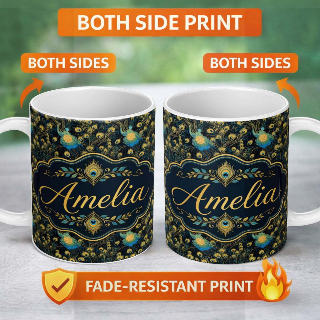 Personalized Custom Name Luxury Dark Peacock Feathers with Gold Details Seamless Pattern 11oz Ceramic Coffee Tea Mug White Large Handle