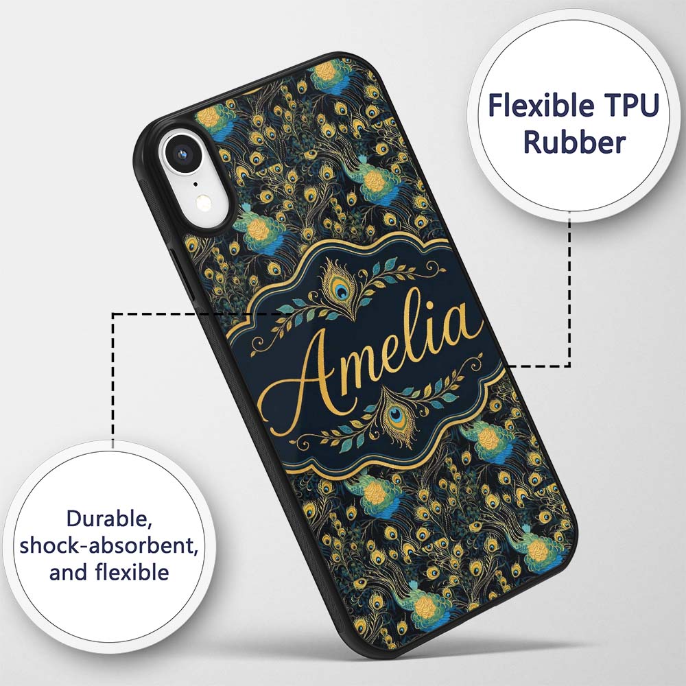 Luxury Dark Peacock Feathers with Gold Details Custom Name Protective Phone Case Mobile Cover Durable Everyday Smartphone Shock Resistant