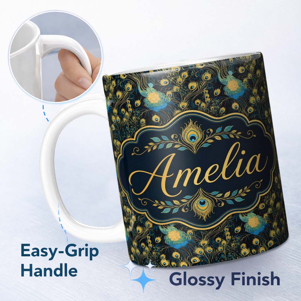 Personalized Custom Name Luxury Dark Peacock Feathers with Gold Details Seamless Pattern 11oz Ceramic Coffee Tea Mug White Large Handle