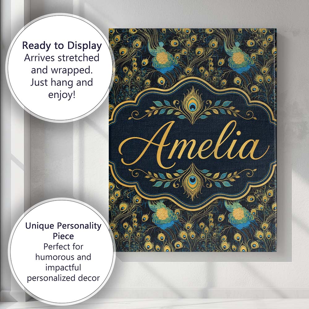 Personalised Name Luxury Dark Peacock Custom Modern Room Accent Creative Decorator Style Canvas Wall Art Print Decor Picture Ready to Hang