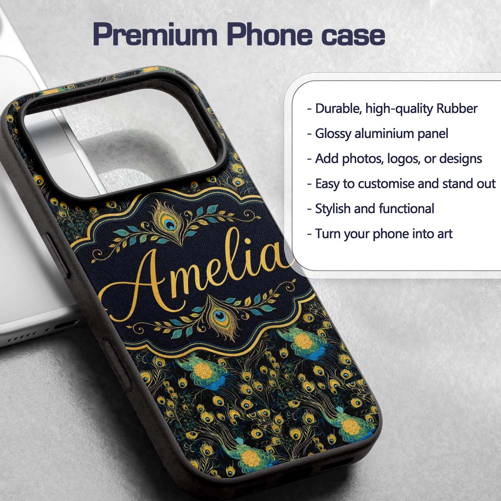 Luxury Dark Peacock Feathers with Gold Details Custom Name Protective Phone Case Mobile Cover Durable Everyday Smartphone Shock Resistant