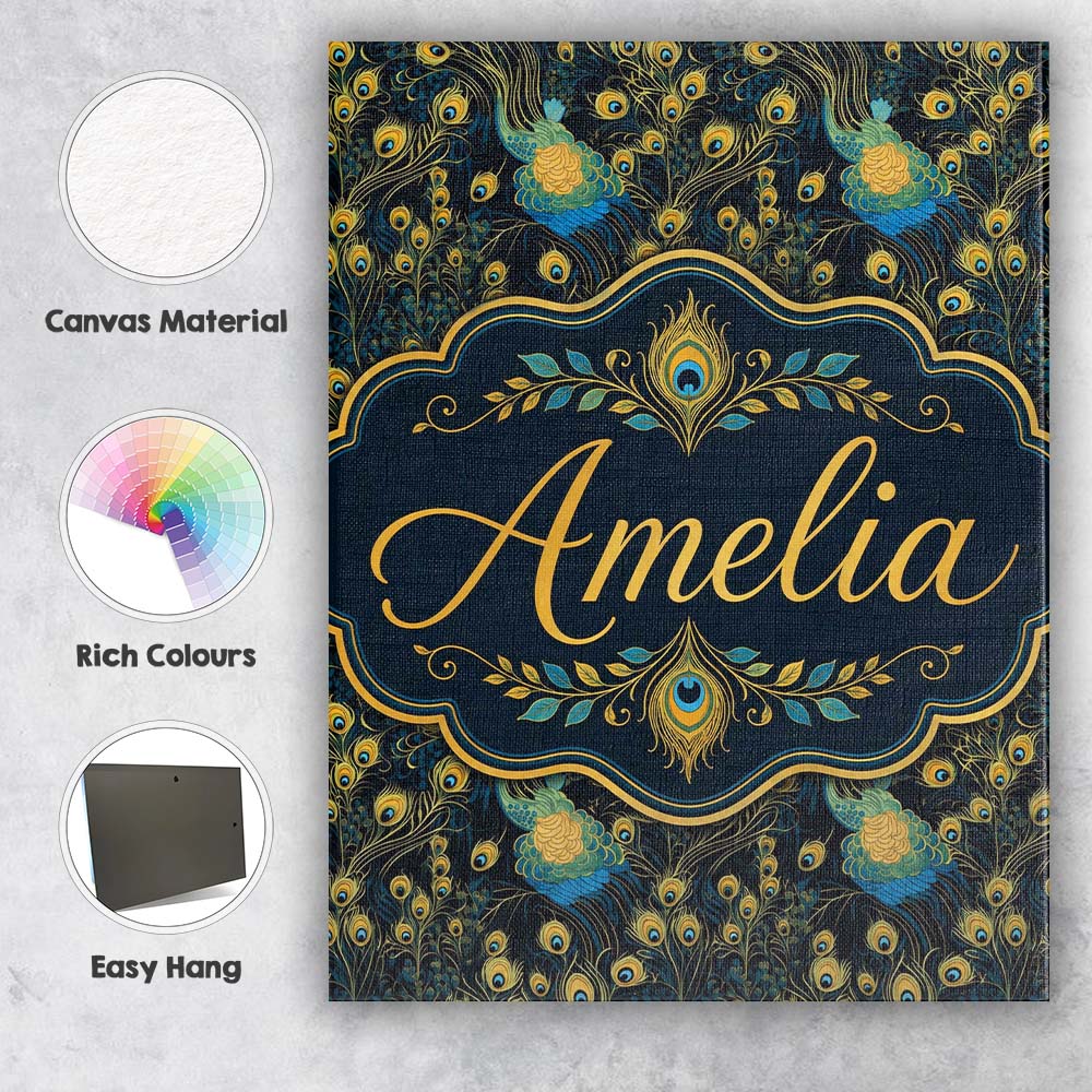 Personalised Name Luxury Dark Peacock Custom Modern Room Accent Creative Decorator Style Canvas Wall Art Print Decor Picture Ready to Hang