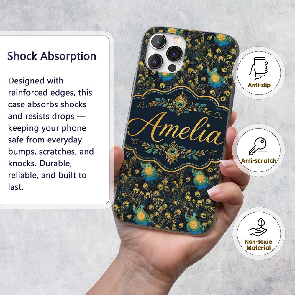 Luxury Dark Peacock Feathers with Gold Details Custom Name Protective Phone Case Mobile Cover Durable Everyday Smartphone Shock Resistant