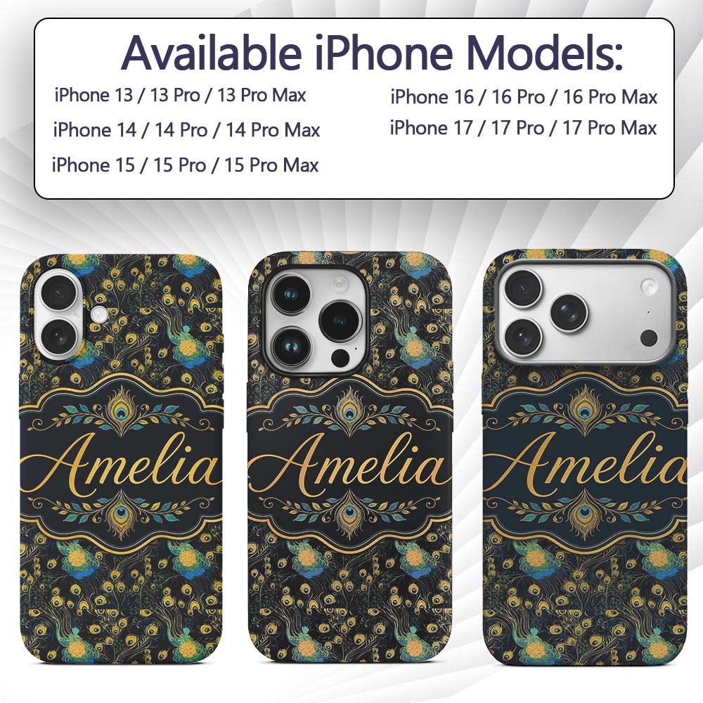 Luxury Dark Peacock Feathers with Gold Details Custom Name Protective Phone Case Mobile Cover Durable Everyday Smartphone Shock Resistant