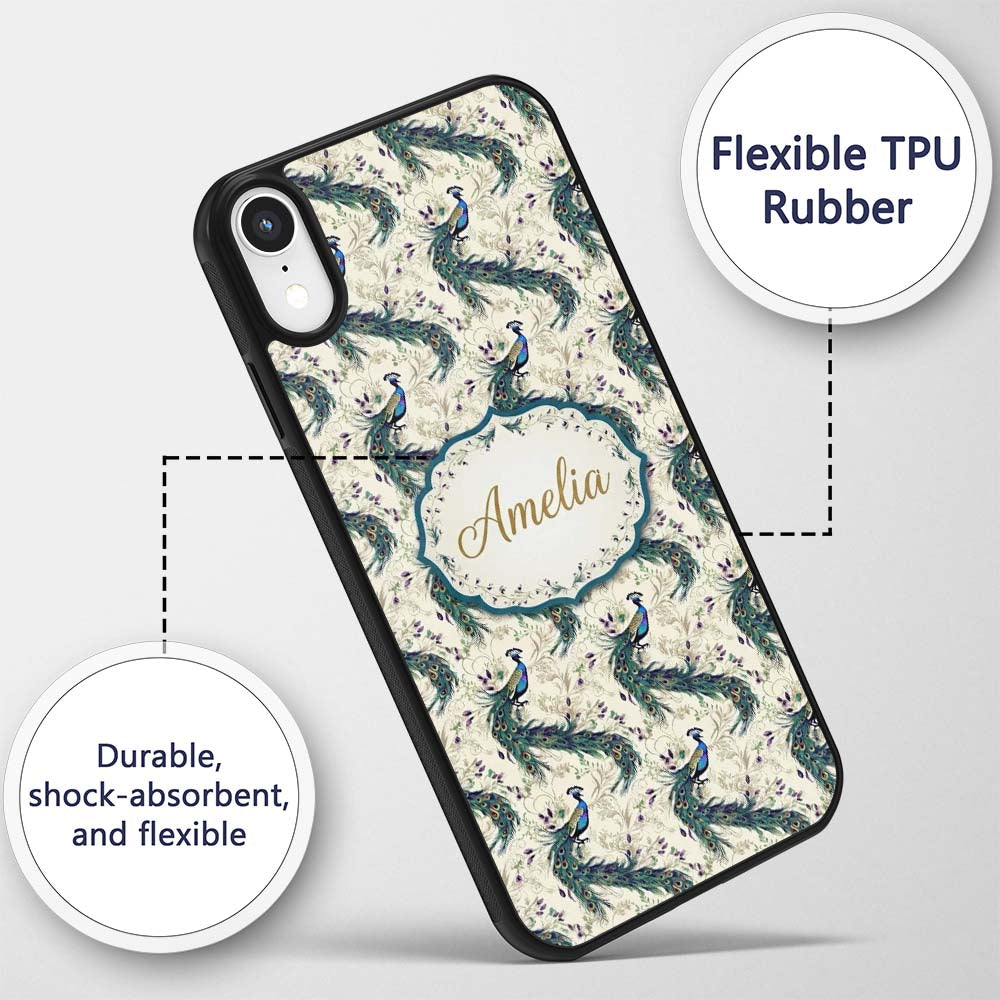 Ornate Peacock Birds with Decorative Floral Printed Design Custom Name Protective Phone Case Mobile Cover Durable Smartphone Shock Resistant