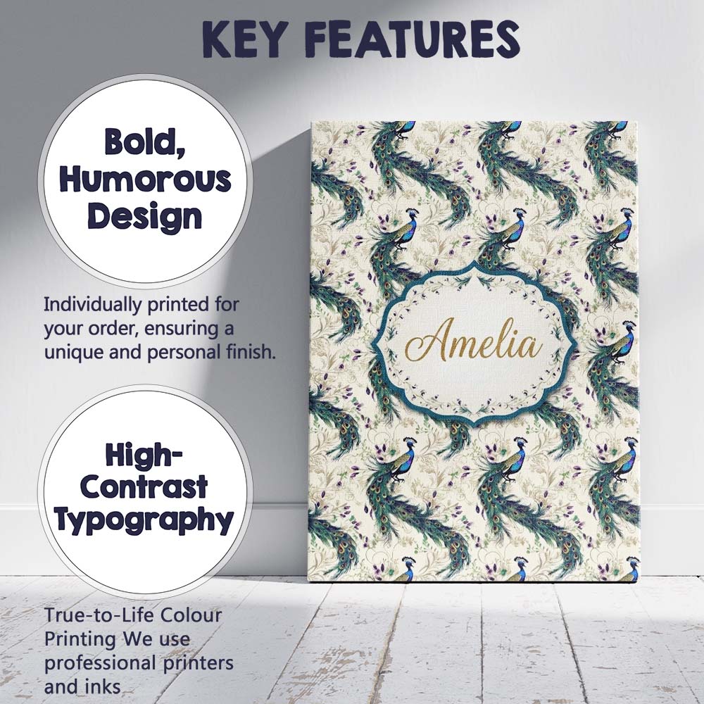 Personalised Name Ornate Peacock Birds with Custom Bespoke Interior Contemporary Canvas Wall Art Print Decor Picture Ready to Hang