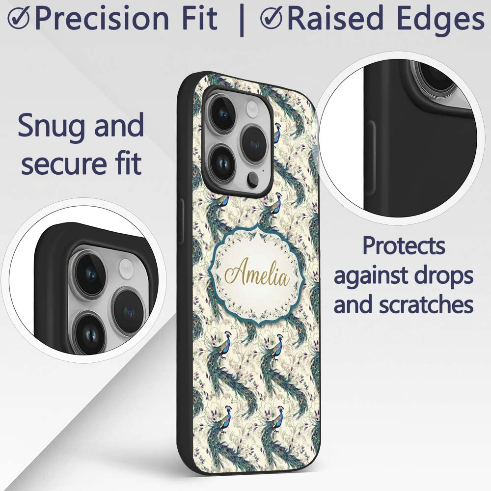 Ornate Peacock Birds with Decorative Floral Printed Design Custom Name Protective Phone Case Mobile Cover Durable Smartphone Shock Resistant