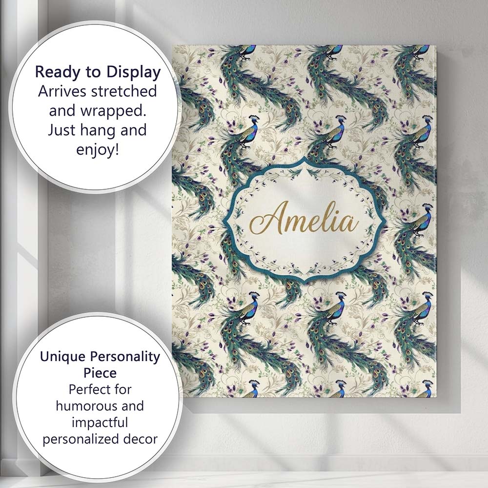 Personalised Name Ornate Peacock Birds with Custom Bespoke Interior Contemporary Canvas Wall Art Print Decor Picture Ready to Hang