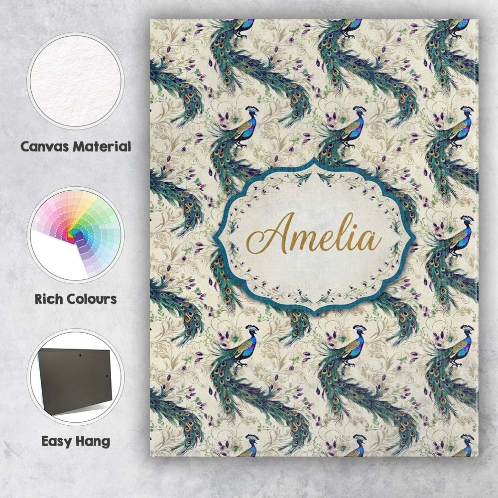 Personalised Name Ornate Peacock Birds with Custom Bespoke Interior Contemporary Canvas Wall Art Print Decor Picture Ready to Hang