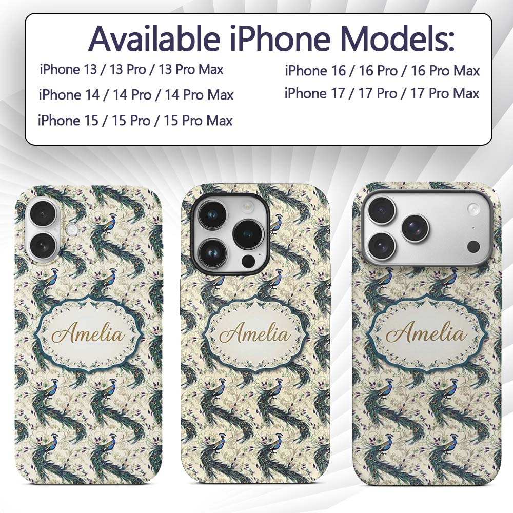 Ornate Peacock Birds with Decorative Floral Printed Design Custom Name Protective Phone Case Mobile Cover Durable Smartphone Shock Resistant