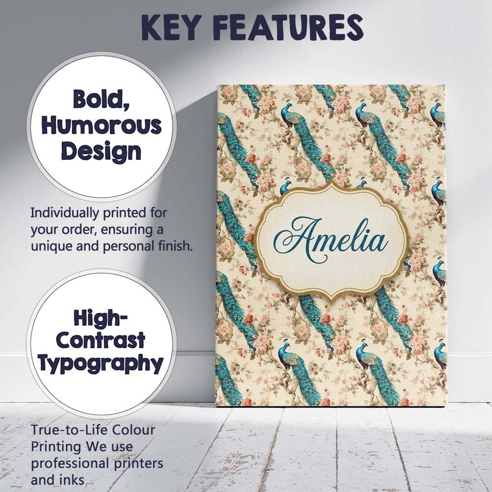 Personalised Name Classic Peacock Birds on Custom Unique Gift Idea Elegant Feature Canvas Wall Art Print Decor Picture Ready to Hang