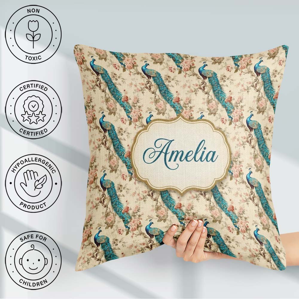 Custom Name Classic Peacock on Branch with Soft Floral Name Cute Square Filled Cushion Throw Pillow Sofa Bed Home Decor Zip Washable UK Made