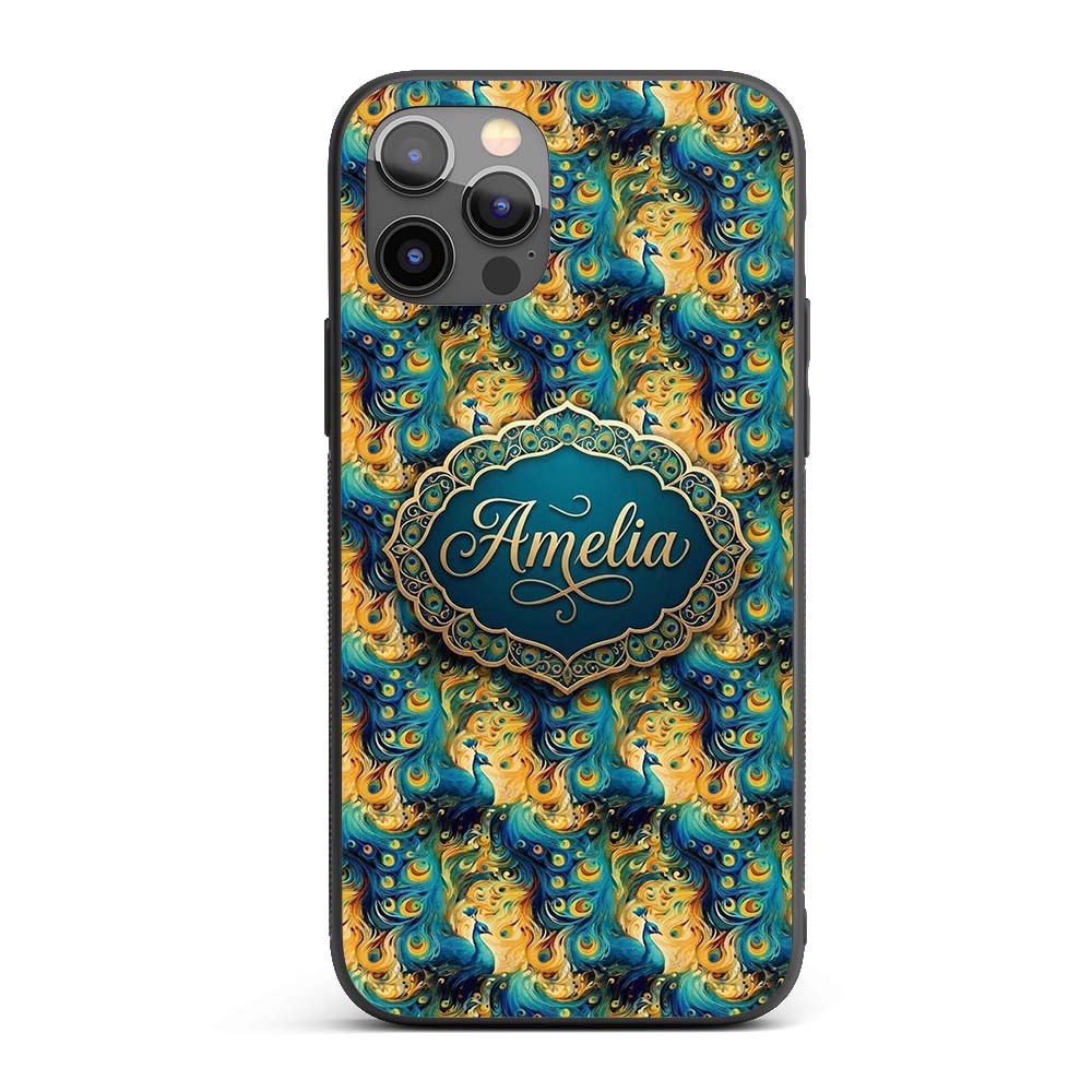 Vibrant Abstract Peacock Feathers Printed Design Custom Name Protective Phone Case Mobile Cover Durable Everyday Smartphone Shock Resistant