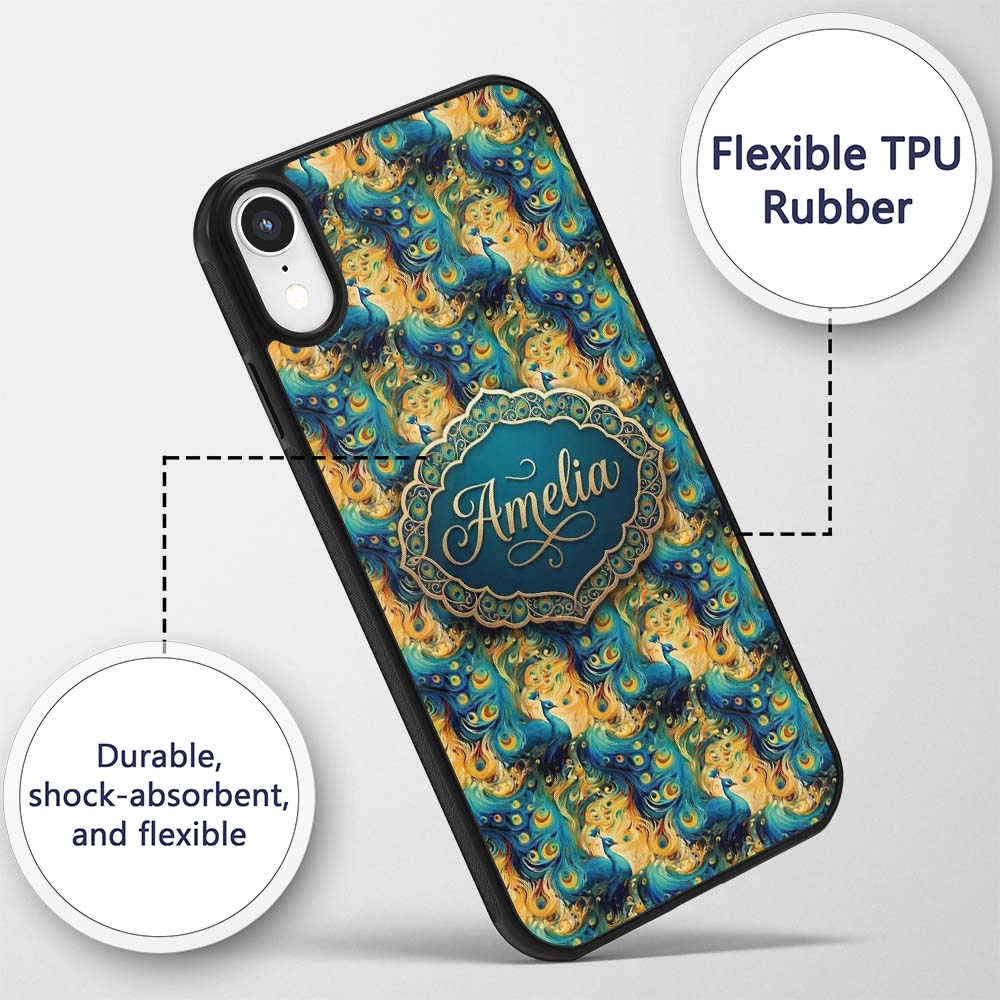 Vibrant Abstract Peacock Feathers Printed Design Custom Name Protective Phone Case Mobile Cover Durable Everyday Smartphone Shock Resistant