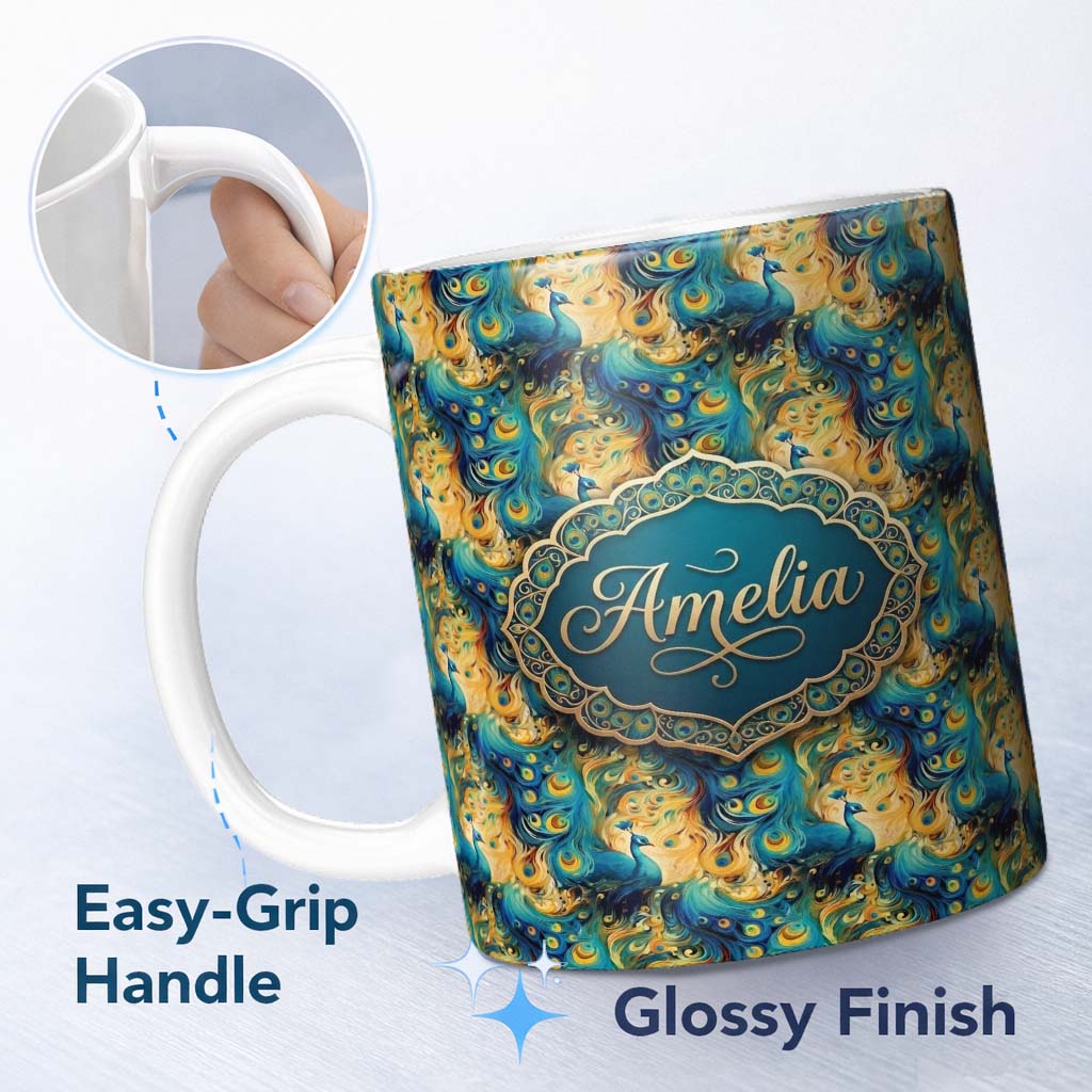 Personalized Custom Name Vibrant Abstract Peacock Feathers Artistic Seamless Pattern Name 11oz Ceramic Coffee Tea Mug White Large Handle