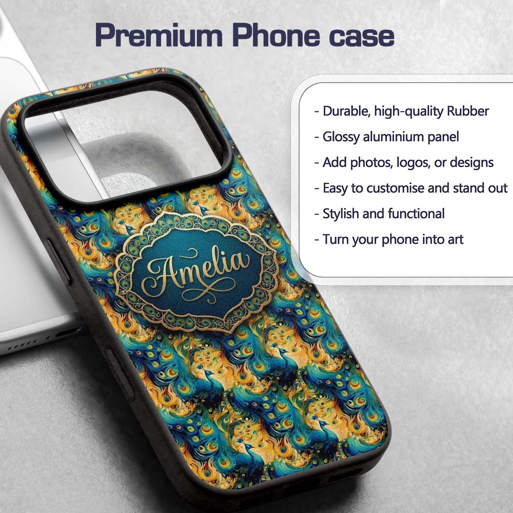 Vibrant Abstract Peacock Feathers Printed Design Custom Name Protective Phone Case Mobile Cover Durable Everyday Smartphone Shock Resistant