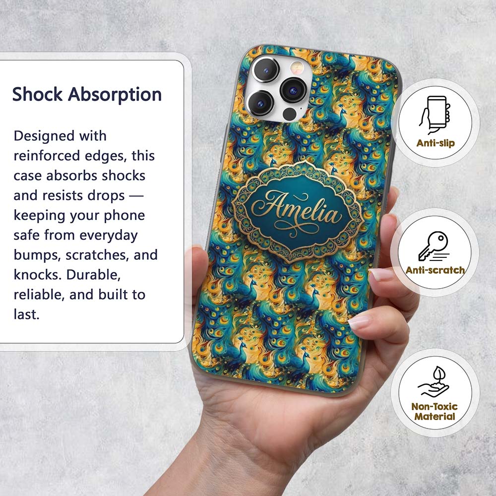 Vibrant Abstract Peacock Feathers Printed Design Custom Name Protective Phone Case Mobile Cover Durable Everyday Smartphone Shock Resistant