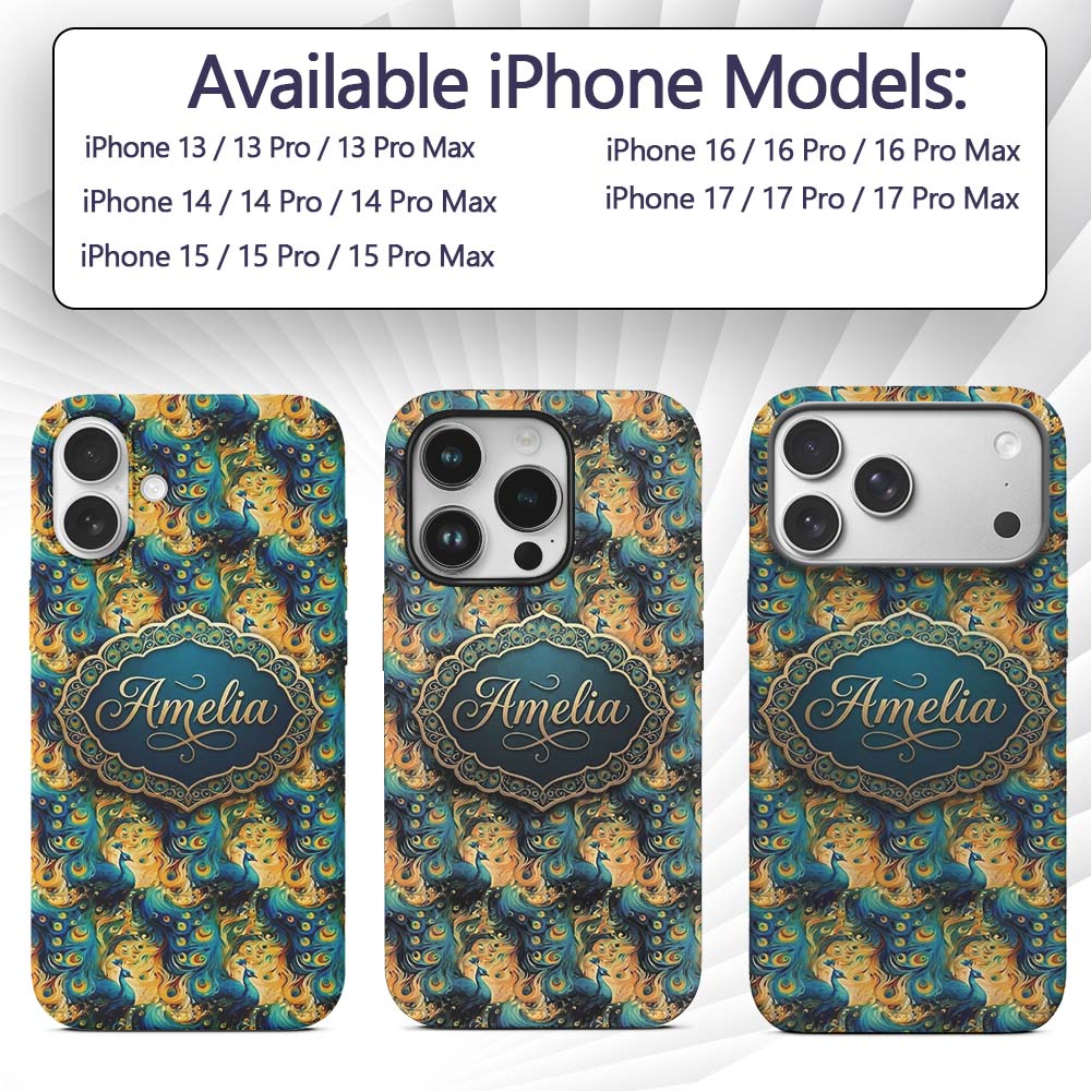 Vibrant Abstract Peacock Feathers Printed Design Custom Name Protective Phone Case Mobile Cover Durable Everyday Smartphone Shock Resistant