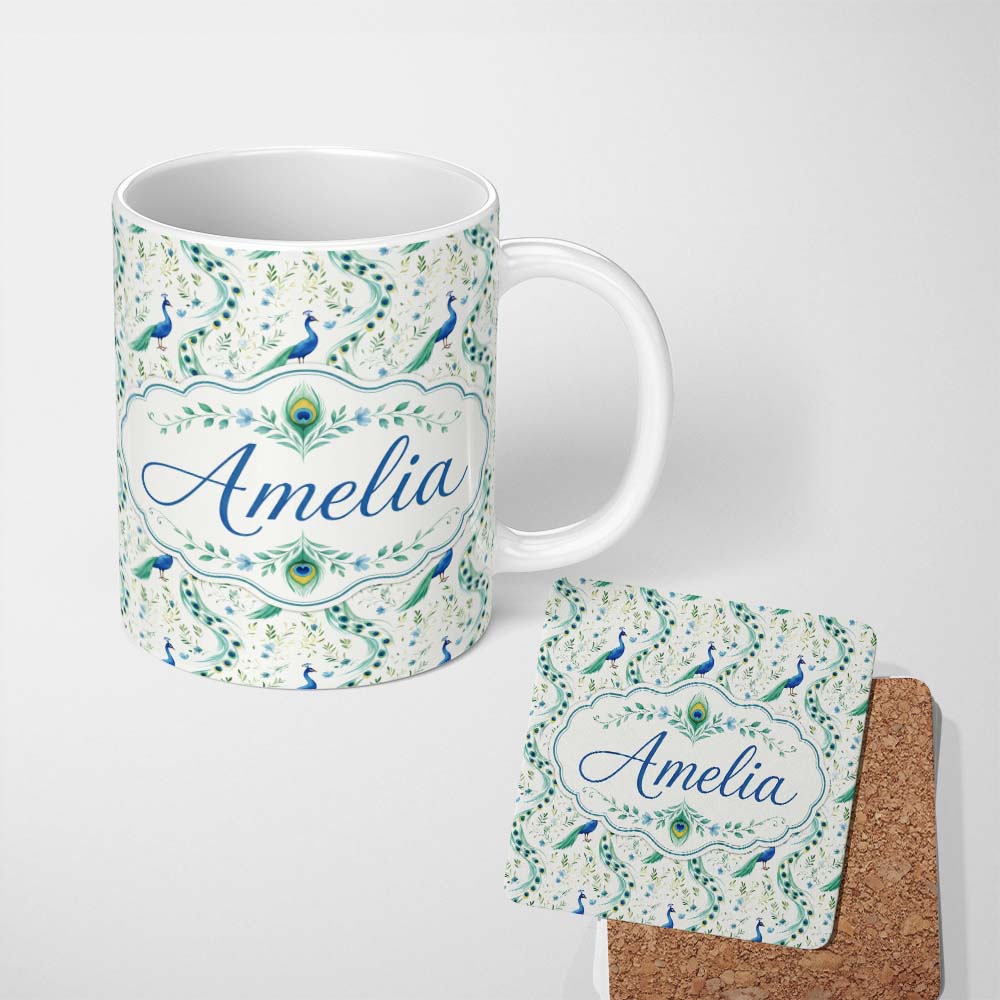 Personalized Custom Name Elegant Peacock Birds with Flowing Feather Trails Seamless Pattern 11oz Ceramic Coffee Tea Mug White Large Handle